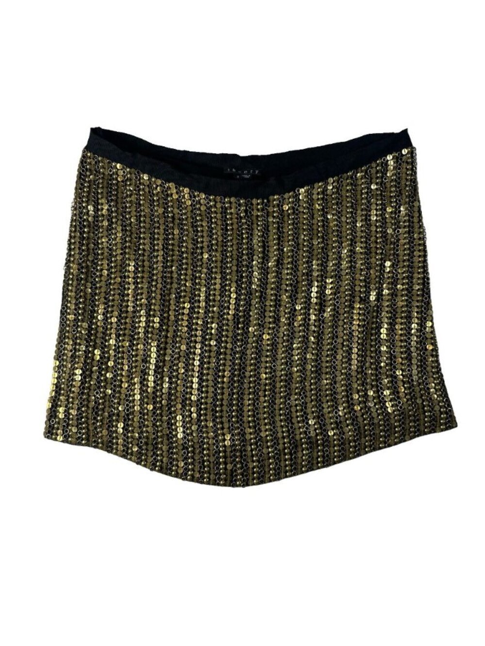 Theory Calinda Brass Metal Sequined Mini Short Skirt Black Gold Silk Sz 2 Party